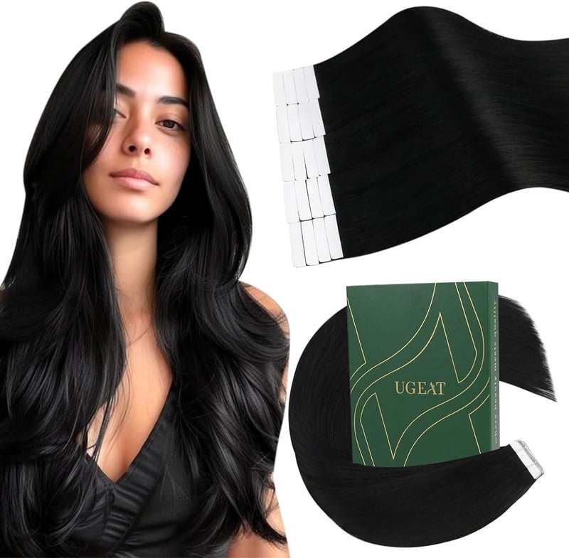 Ugeat Tape in Extensions Human Hair Jet Black Tape in Hair Extensions Human Hair Black Glue in Hair Extension for Women Add Length 22 Inch 20Pcs 50G - Image 1